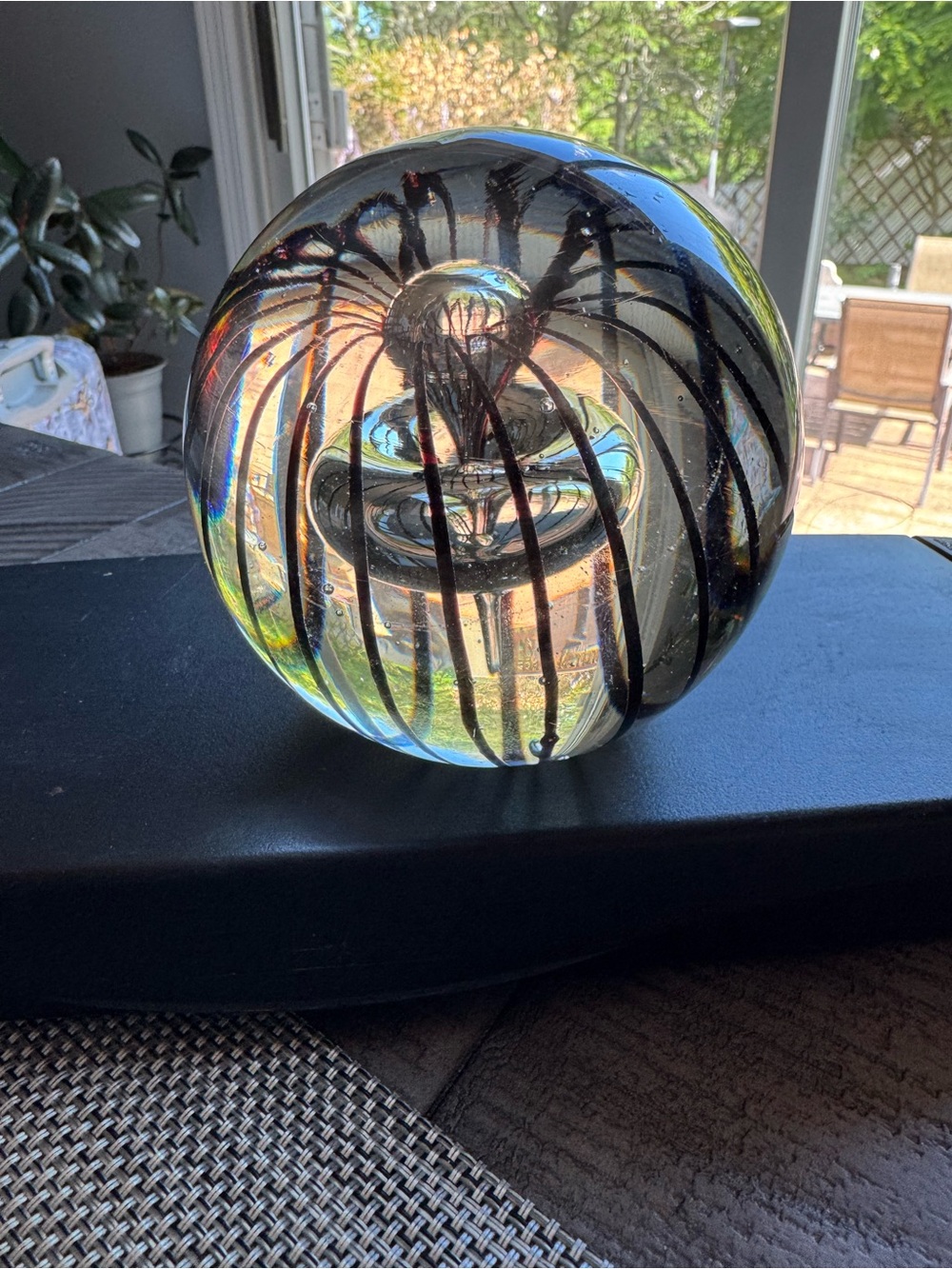 Hand-Blown Glass Art Orb - Clear with Black Swirl